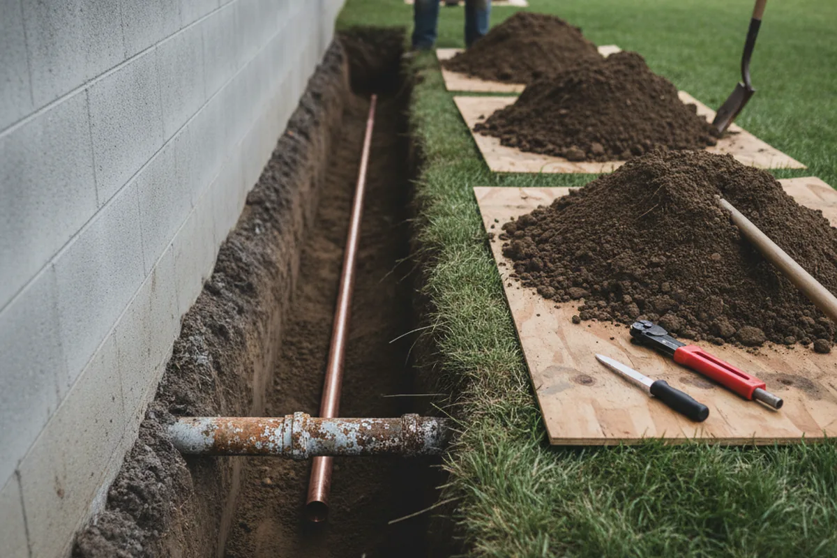 Excavated water line trench during Sewer Line Repair in Forestville